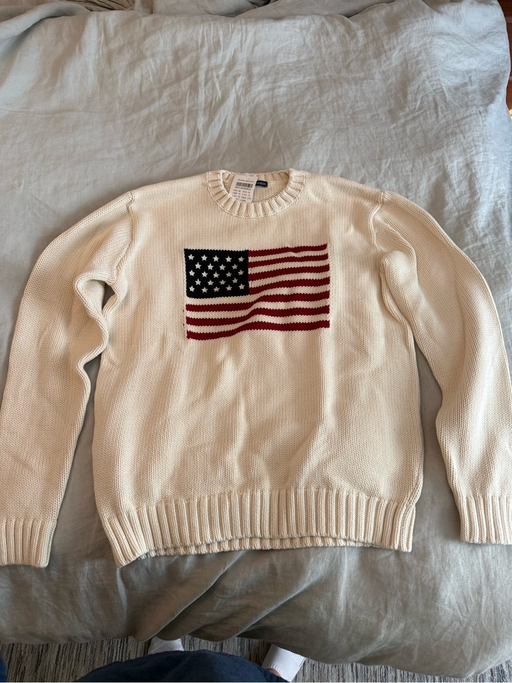 Brandy Melville Cream Crewneck Sweater with American Flag